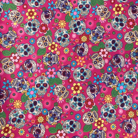 Poplin Print D A De Muertos Cerise Pattern