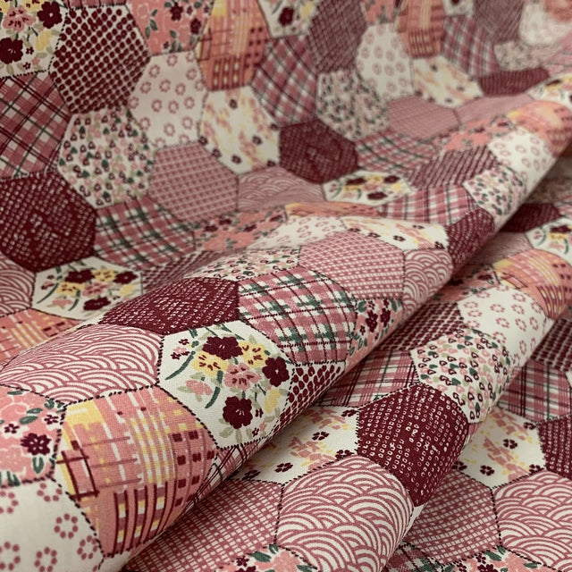 Poplin Print Patchwork Pink Hexaon Floral Patchwork Design Fold