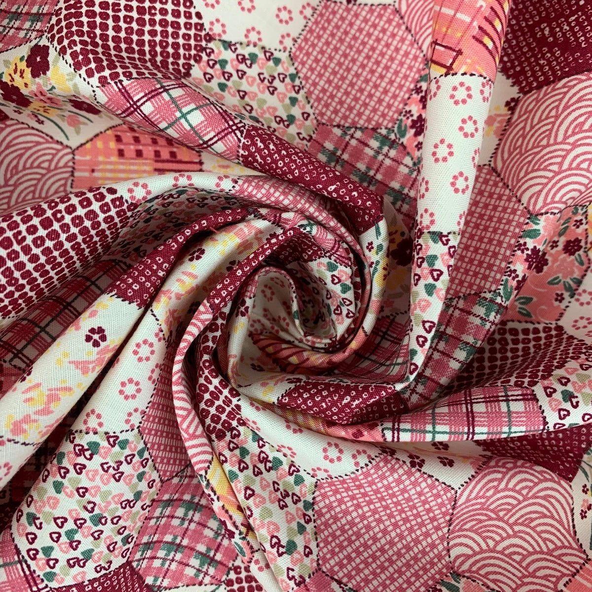 Poplin Print Patchwork Pink Hexaon Floral Patchwork Design Swirl