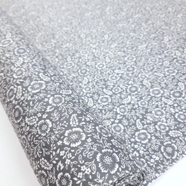 Poplin Prints Folk Grey Cotton Poplin Floral Folklore Printed Farbric Fabric Photo