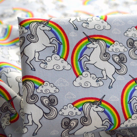 Poplin Prints Rainbow Bright Rainbows Unicorns Grey Cotton Poplin Dress Craft Fabric