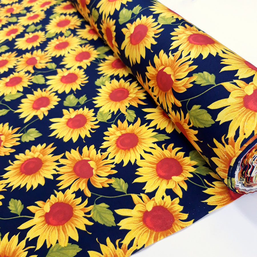 Poplin Prints Sunflowers Navy Floral Cotton Poplin Printed Farbric Fabric Photo