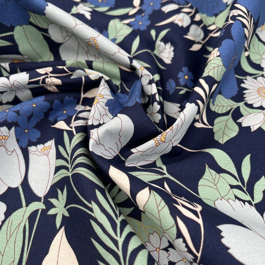 Poplin Print Bluebell Blue Navy Floral Cotton Woven Dress Fabric