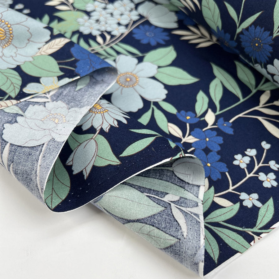 Poplin Print Bluebell Blue Navy Floral Cotton Woven Dress Fabric Fold