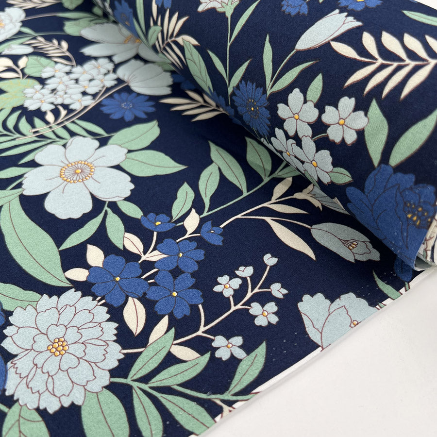 Poplin Print Bluebell Blue Navy Floral Cotton Woven Dress Fabric Roll