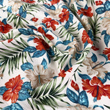 Poplin Print Island Retreat Cotton White Blue Green Red Leaf Floral Woven Dress Fabric
