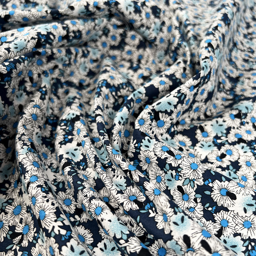 Poplin Styles Daisies Blue Cotton Floral Navy White Dress Fabric