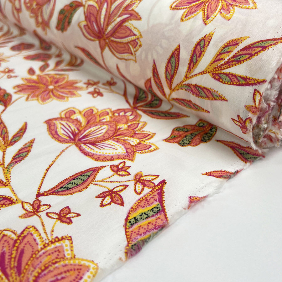 Poplin Styles Lotus Carnivals White Orange Floral Cotton Dress Fabric Roll