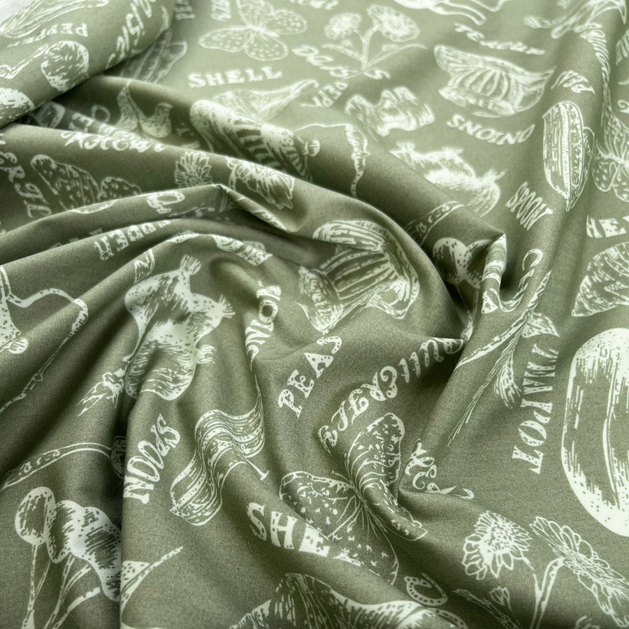 Poplin Styles Souveniers Sage Green Abstract Shell Print Cotton Dress Fabric