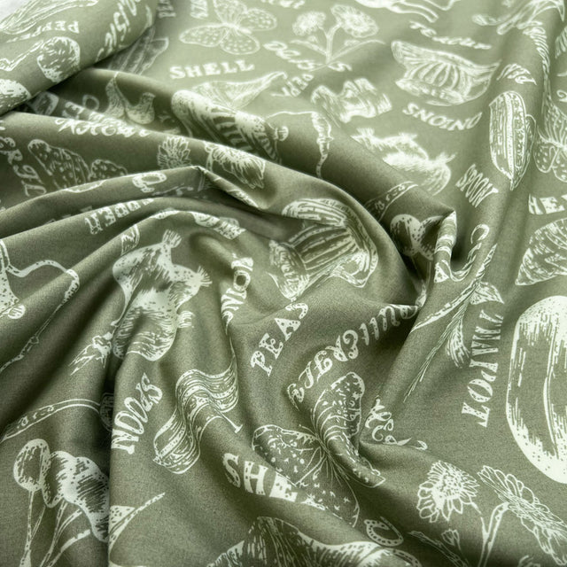 Poplin Styles Souveniers Sage Green Abstract Shell Print Cotton Dress Fabric