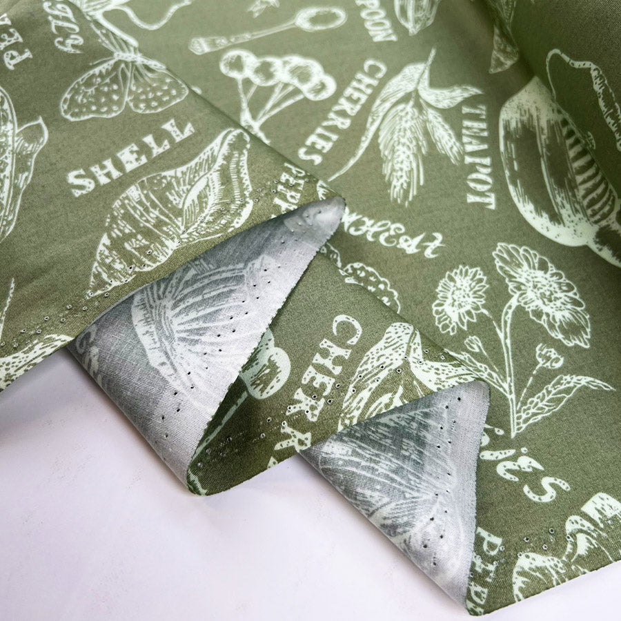 Poplin Styles Souveniers Sage Green Abstract Shell Print Cotton Dress Fabric Fold