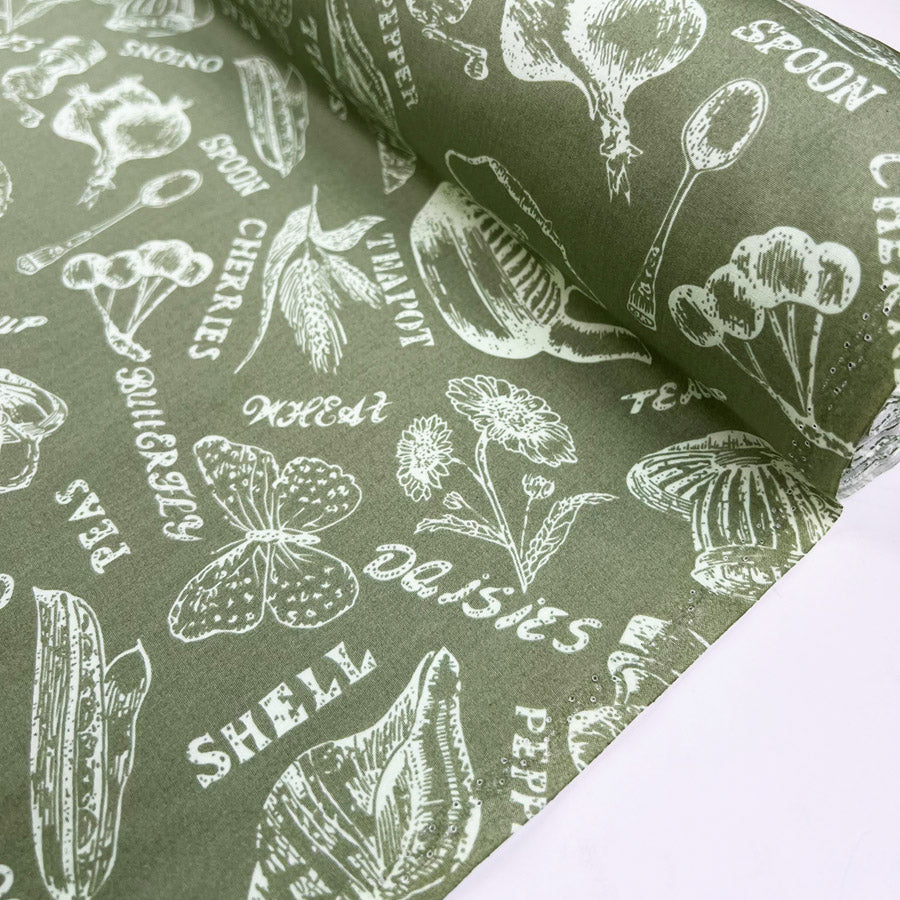Poplin Styles Souveniers Sage Green Abstract Shell Print Cotton Dress Fabric Roll
