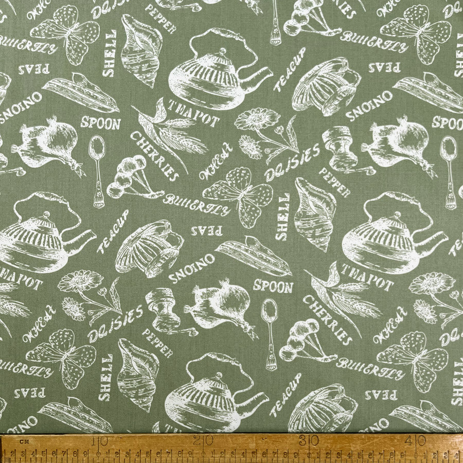 Poplin Styles Souveniers Sage Green Abstract Shell Print Cotton Dress Fabric Ruler