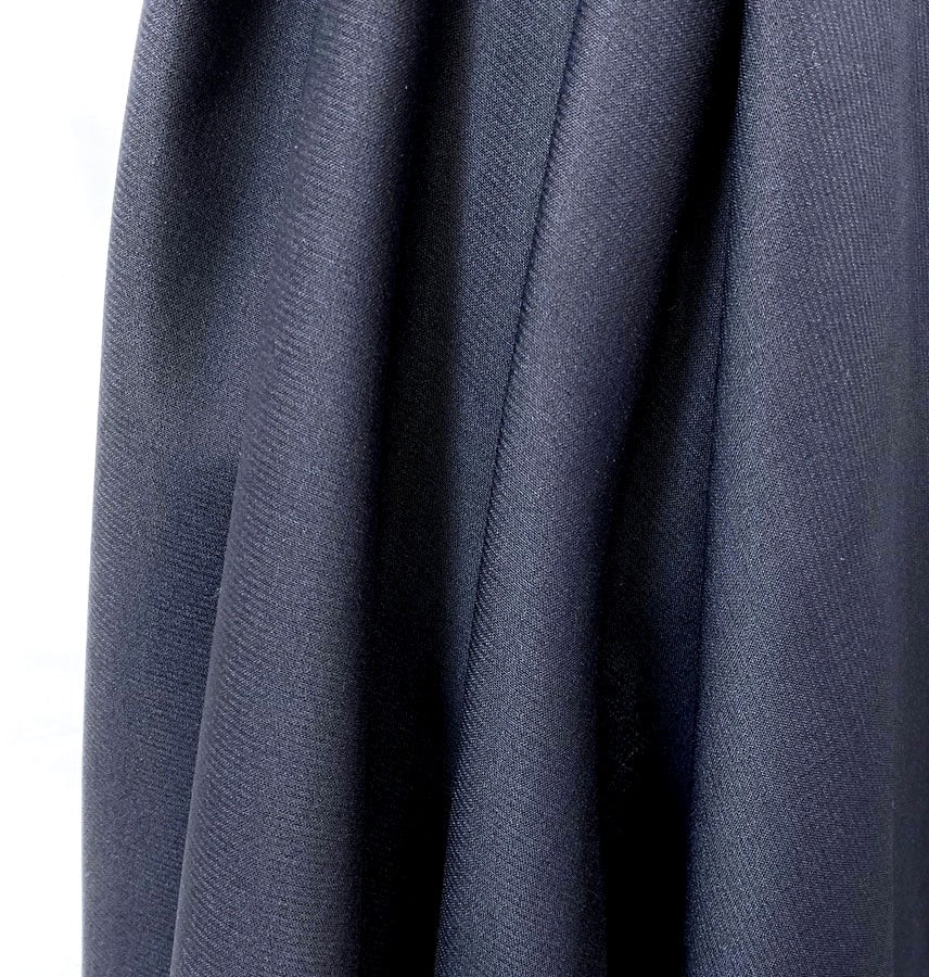 Potentate Midnight Faint Striped Dark Woven Woollen Suiting Fabric Mannequin Close Up Drape Fabric Photo