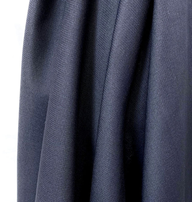 Potentate Midnight Faint Striped Dark Woven Woollen Suiting Fabric Mannequin Close Up Drape Fabric Photo