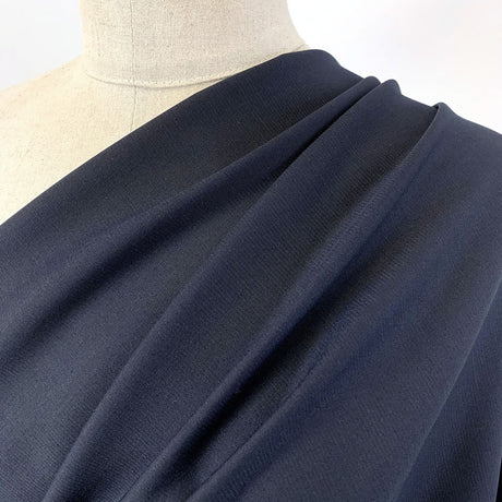 Potentate Midnight Faint Striped Dark Woven Woollen Suiting Fabric Mannequin Close Up Fabric Photo
