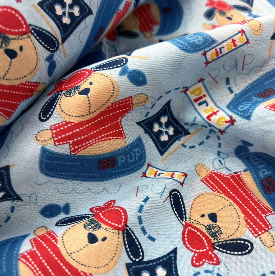Pretty Polly Cotton Polyester Bear Print Fabric Captain Pupwash Close Up