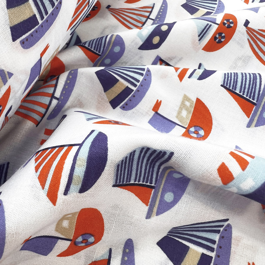 Pretty Polly Cotton Polyester Boat Print Fabric Columbus White Close Up