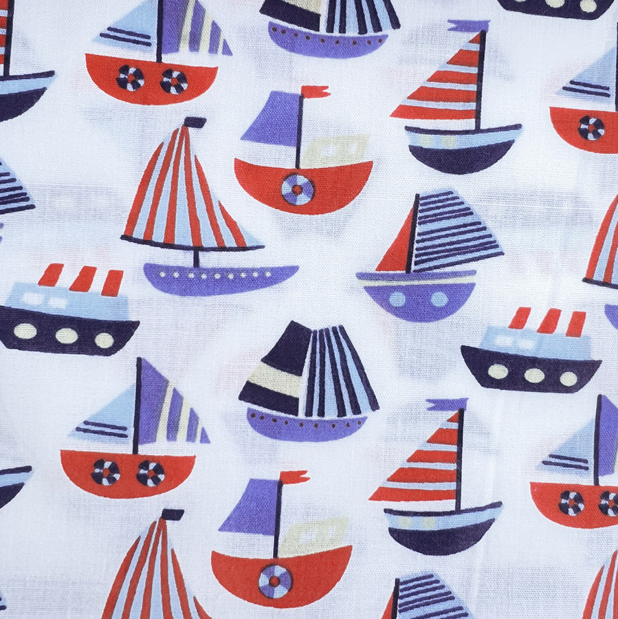 Pretty Polly Cotton Polyester Boat Print Fabric Columbus White Full