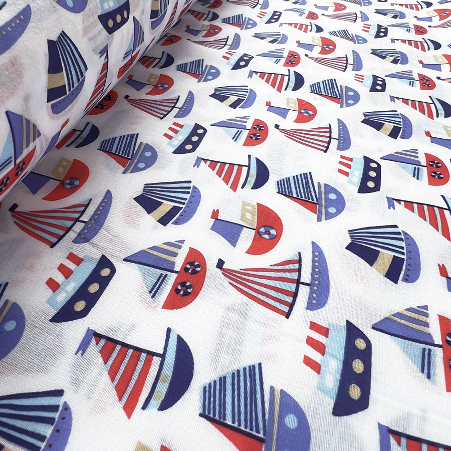 Pretty Polly Cotton Polyester Boat Print Fabric Columbus White Roll