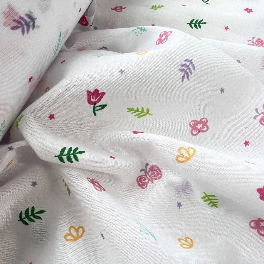 Pretty Polly Cotton Polyester Floral Print Fabric Mini Butterfly Garden Close Up