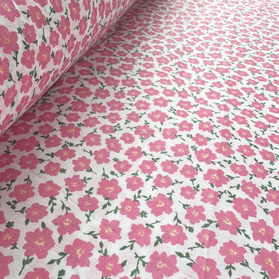 Pretty Polly Cotton Polyester Floral Print Fabric Pink Clematis Roll