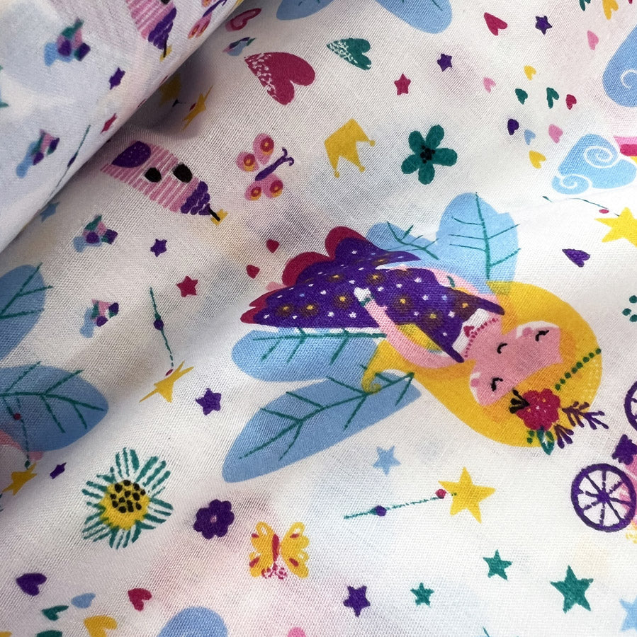 Pretty Polly Cotton Polyester Prinsess Print Fabric Fairy Godmother Close Up