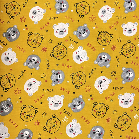 Pretty Polly Cotton Polyester Print Fabric Ochre Bear Full