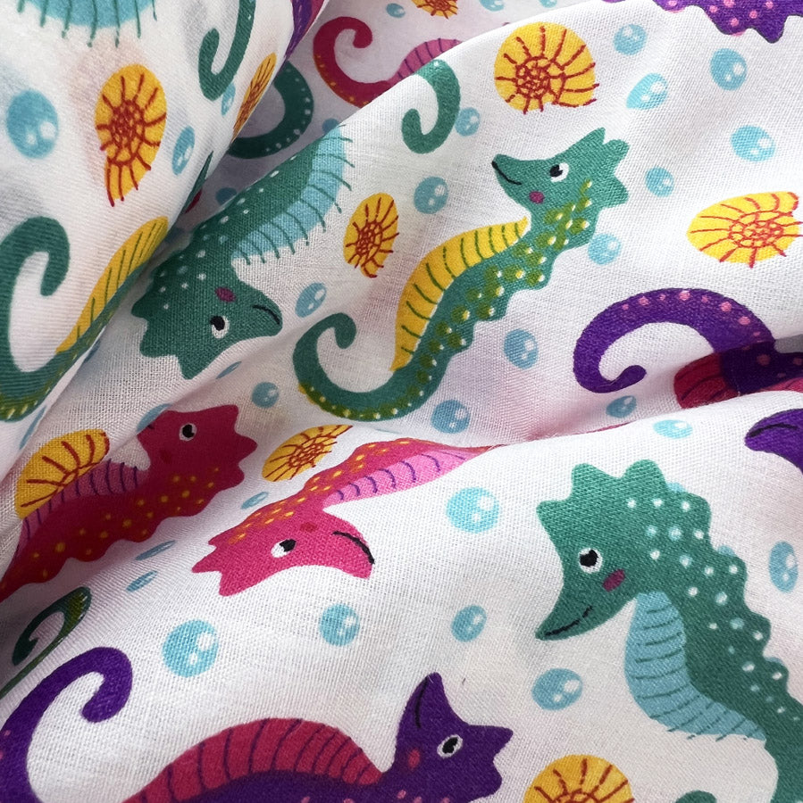 Pretty Polly Cotton Polyester Print Fabric Seahorses Close Up