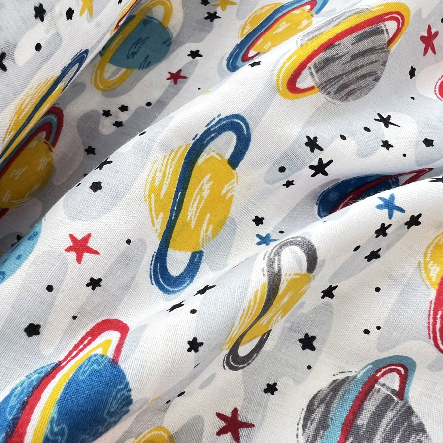 Pretty Polly Cotton Polyester Space Print Fabric Saturn In Colour Close Up