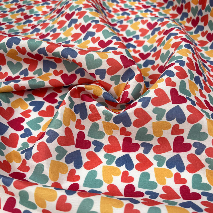 Pretty Polly Happy Hearts Polyester Cotton White Multicoloured Dress Fabric