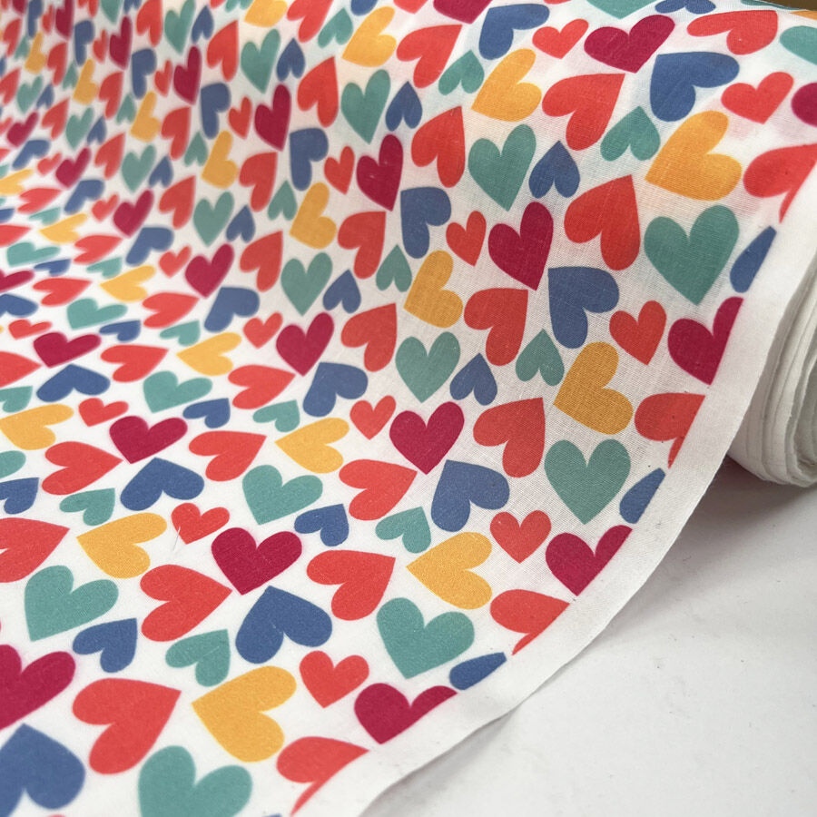 Pretty Polly Happy Hearts Polyester Cotton White Multicoloured Dress Fabric Roll