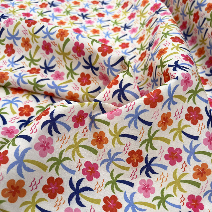 Pretty Polly Palm Party Polyester Cotton Cream Floral Dress Fabric