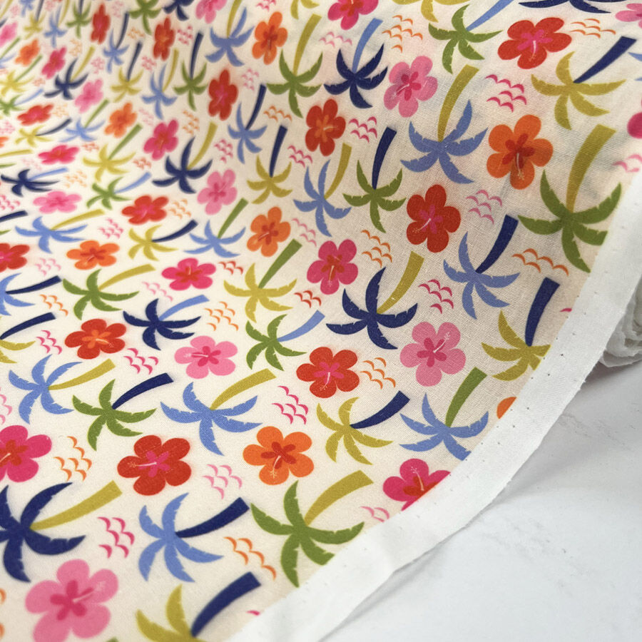 Pretty Polly Palm Party Polyester Cotton Cream Floral Dress Fabric Roll
