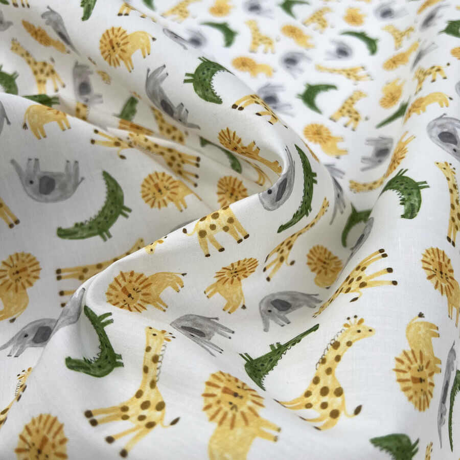 Pretty Polly Safari Friends Polyester Cotton White Giraffe Elephant Animal Print Dress Fabric