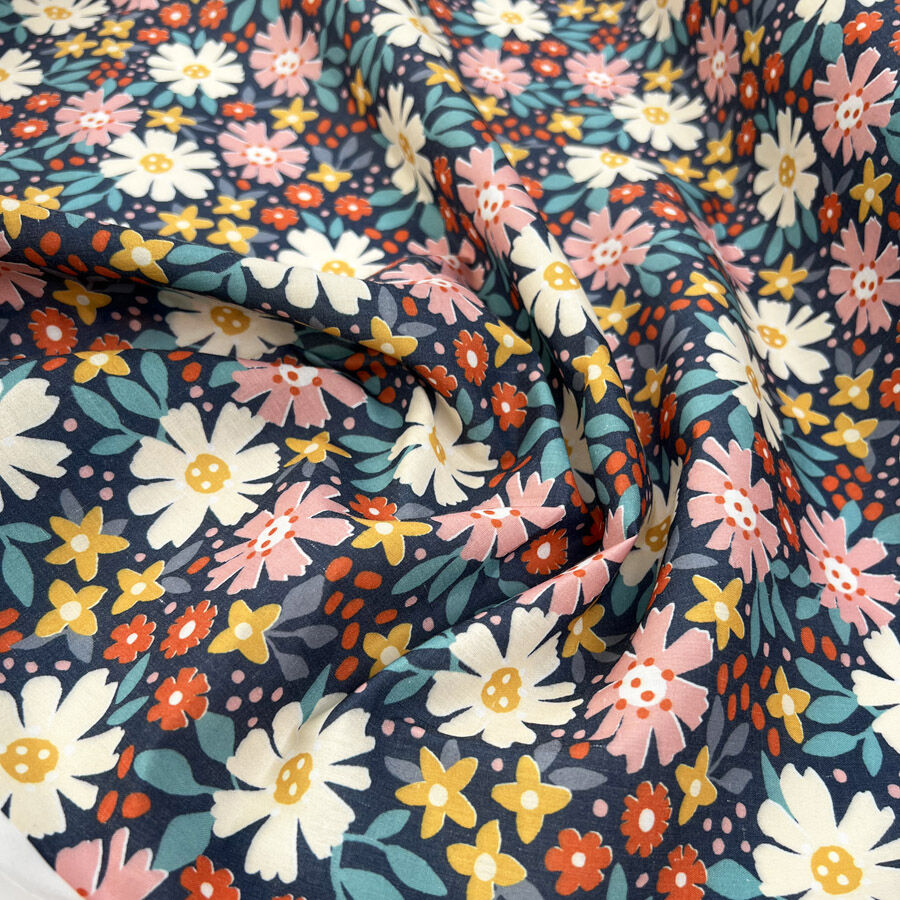 Pretty Polly Wild Posy Polyester Cotton Navy Floral Dress Fabric