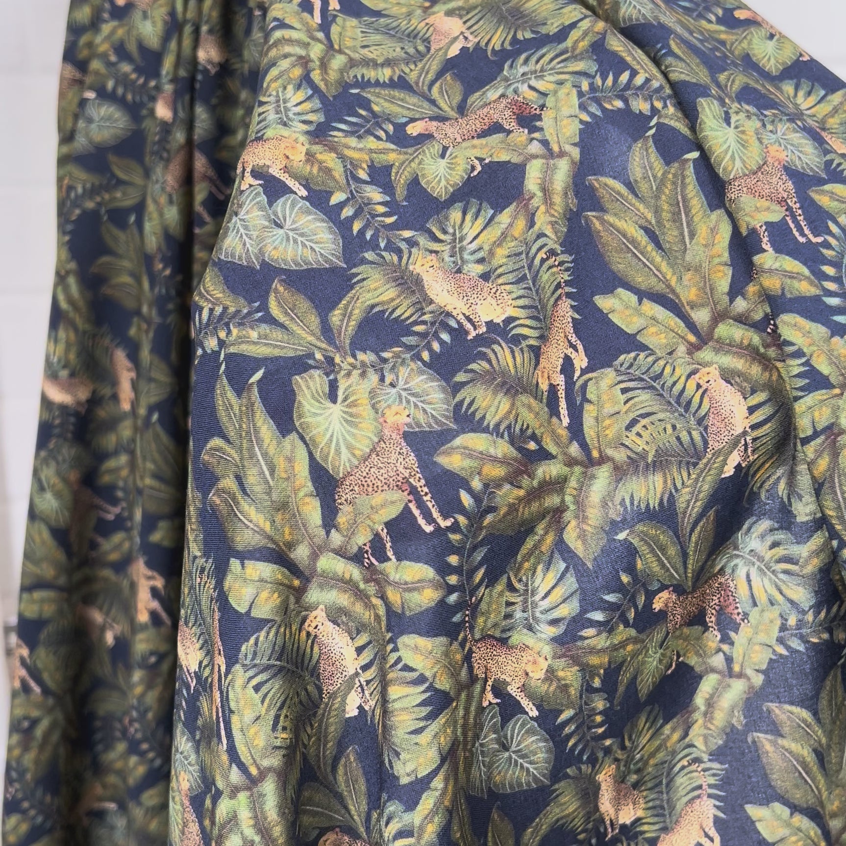 Amazonia Viscose Navy Green Leopard Leaf Print Italian Fabric Video