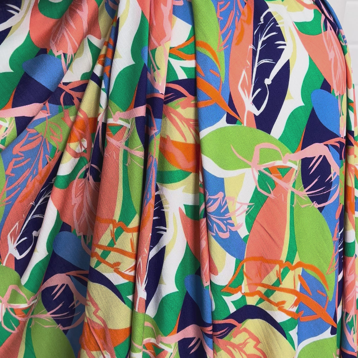 Multi Coloured Leaf Print Rayon Spandex Fabric Linen Tropics Eden Video