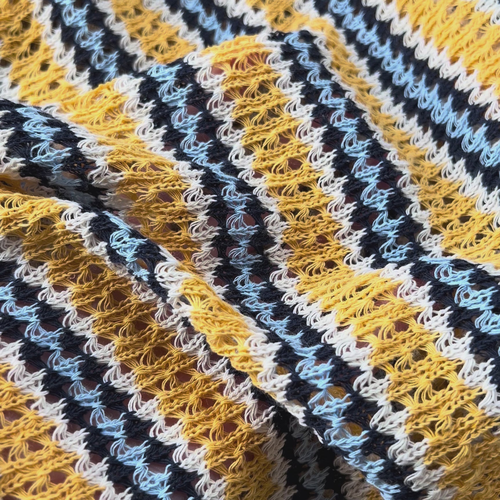 Polycotton Blue Yellow Striped Crochet Fabric Cadiz - Beach Stripe Video