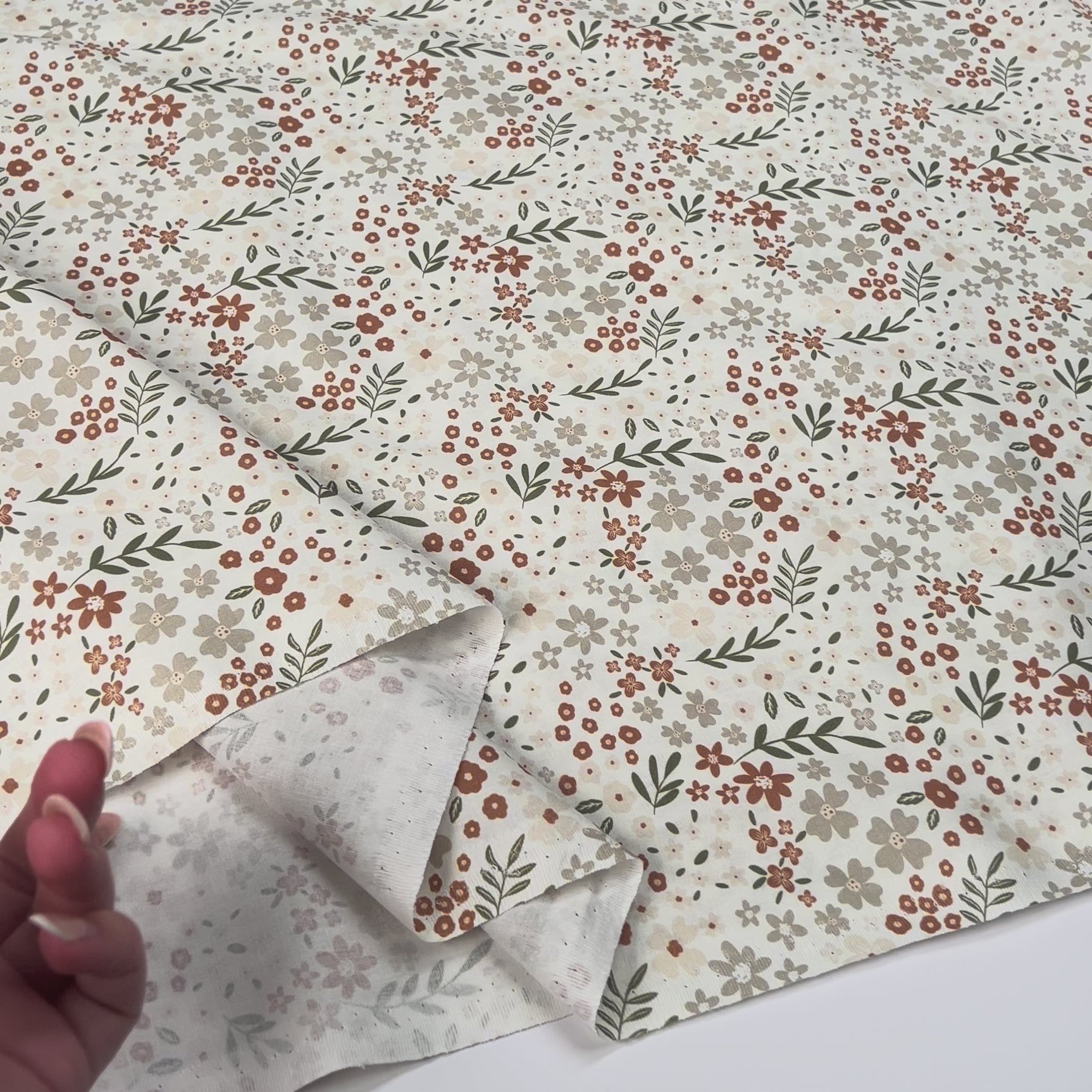 Cotton Poplin Soft Meadow Floral Off White Brown Green Woven Dress Fabric Video