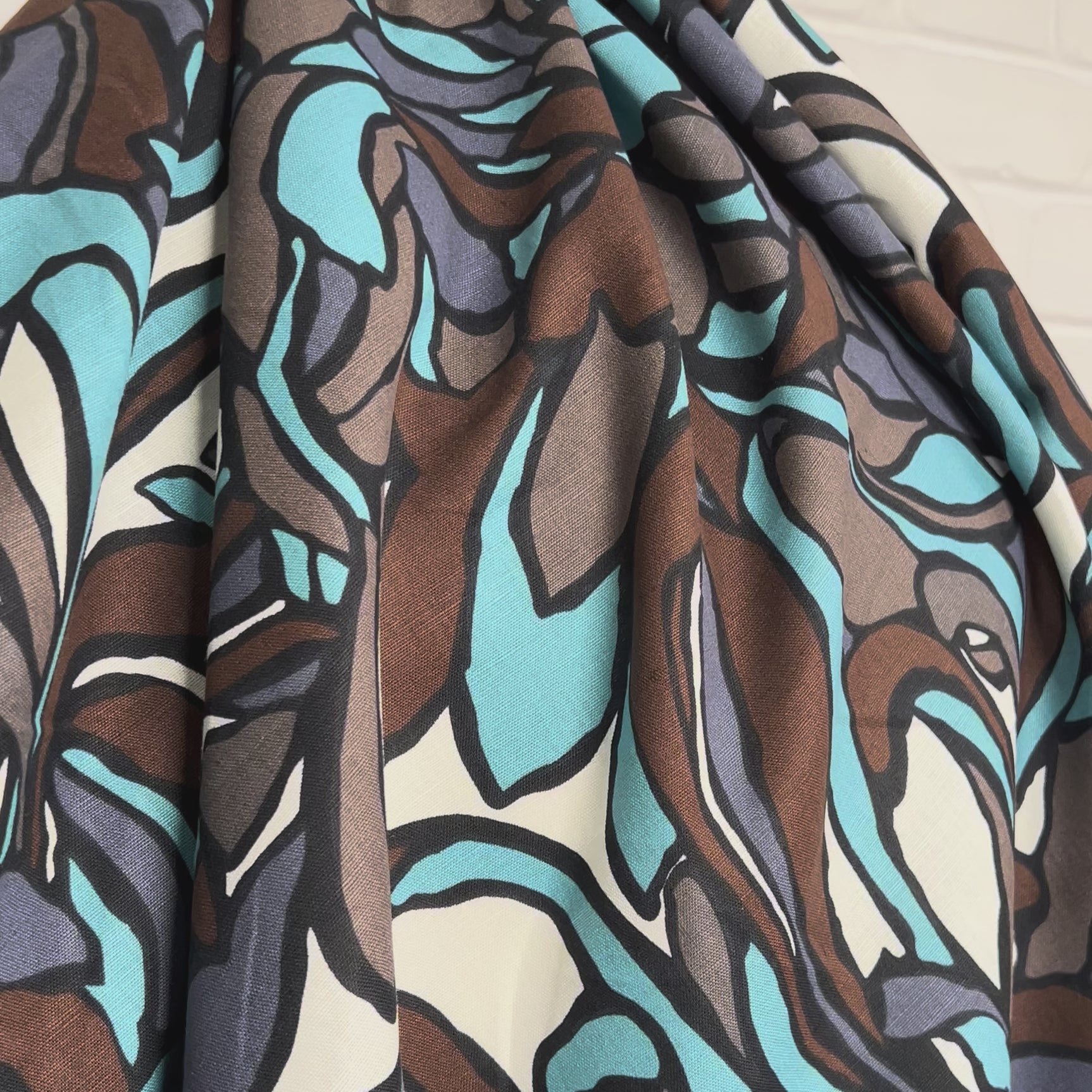Italian Linen Cotton Turquoise Brown Abstract Fabric Fiori di Como Video