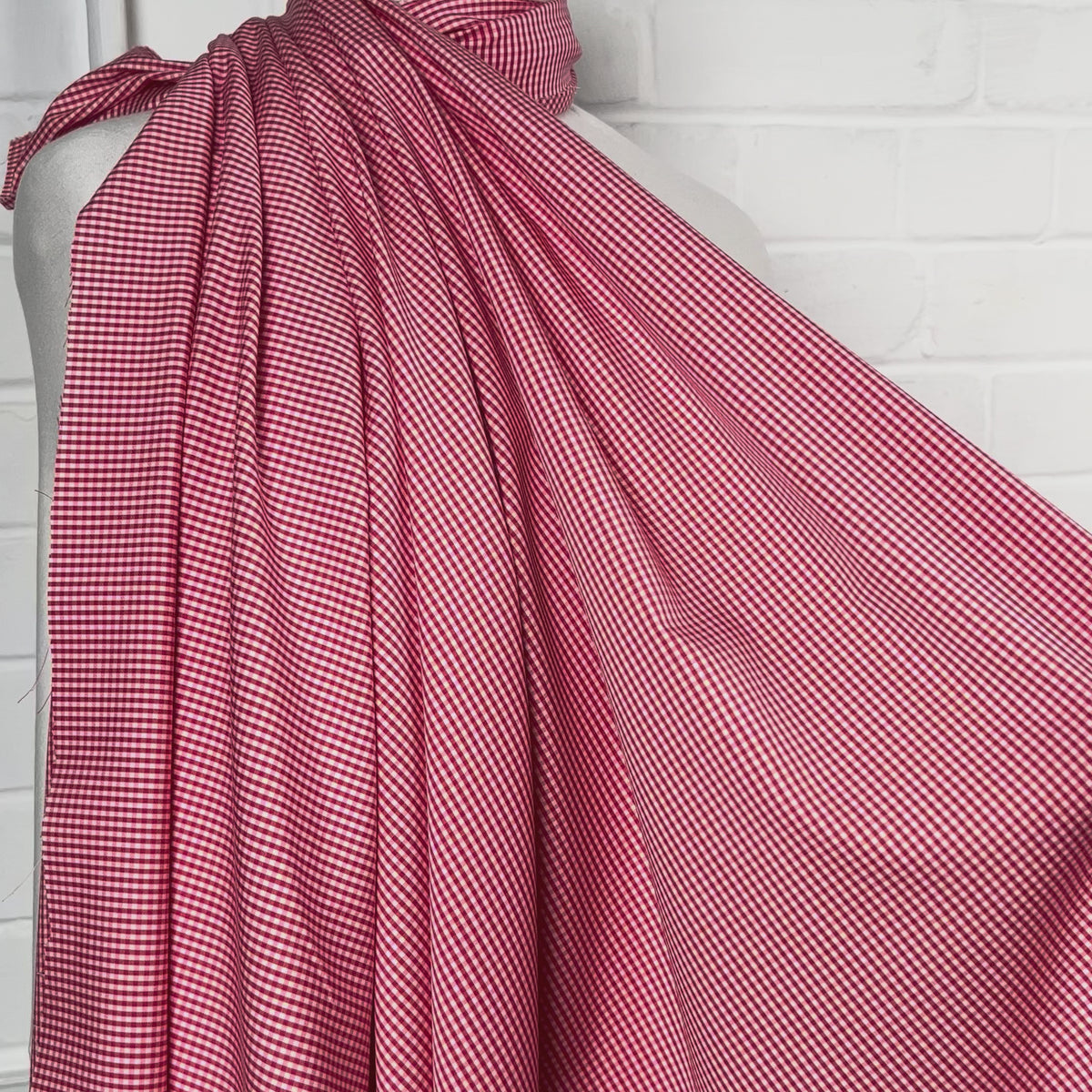 Red & White Fine Check Cotton Shirting Fabric Strawberry Picnic Video