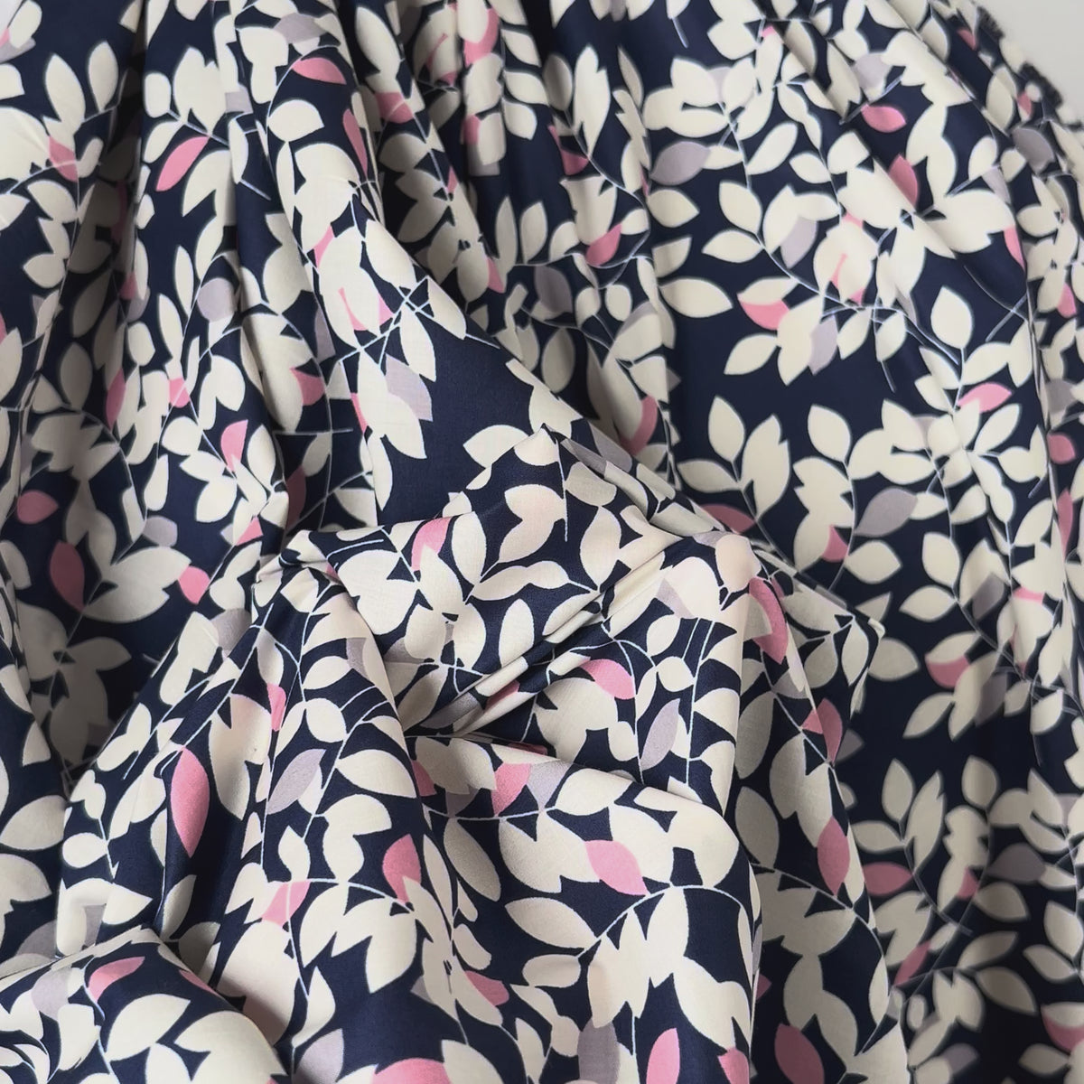 Navy White Floral Print Dress Fabric Pima Cotton Lawn Night Leaves Video