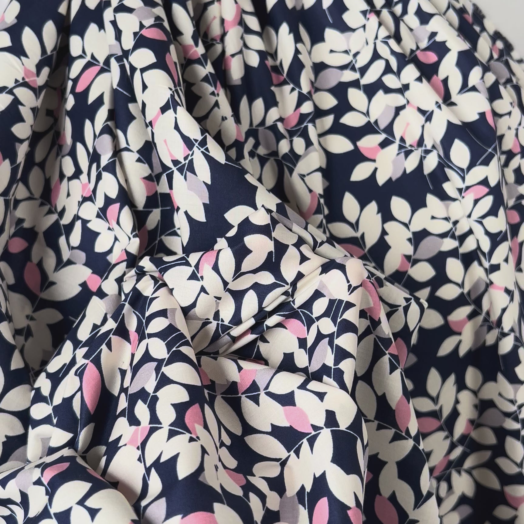 Navy White Floral Print Dress Fabric Pima Cotton Lawn Night Leaves Video