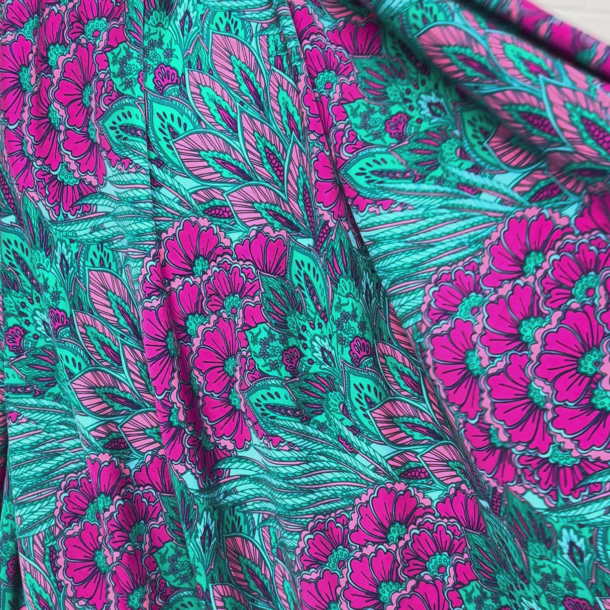 Bold Floral Paisley Teal and Pink Viscose Abstract Dress Fabric Video