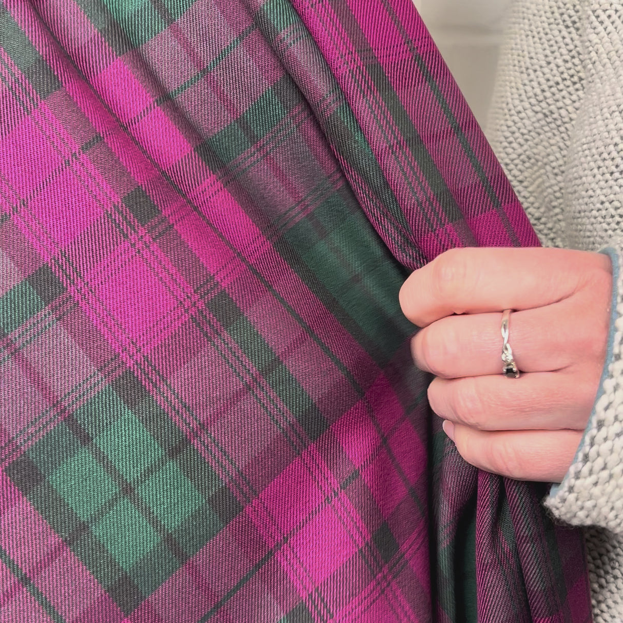 Tartan Mhairi Polyester Viscose Pink Green Muted Check Dress Fabric Video