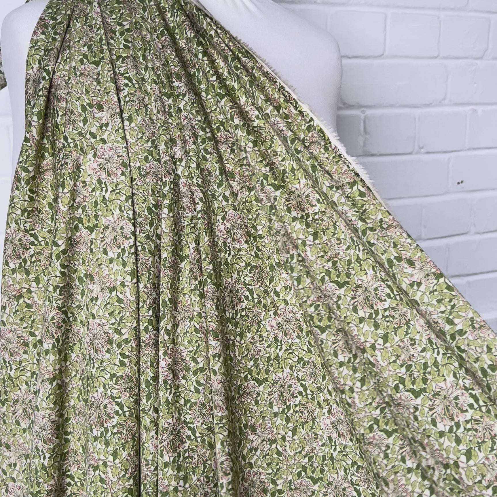 Green Pink Floral Print Dress Fabric Pima Cotton Lawn Honeysuckle Video