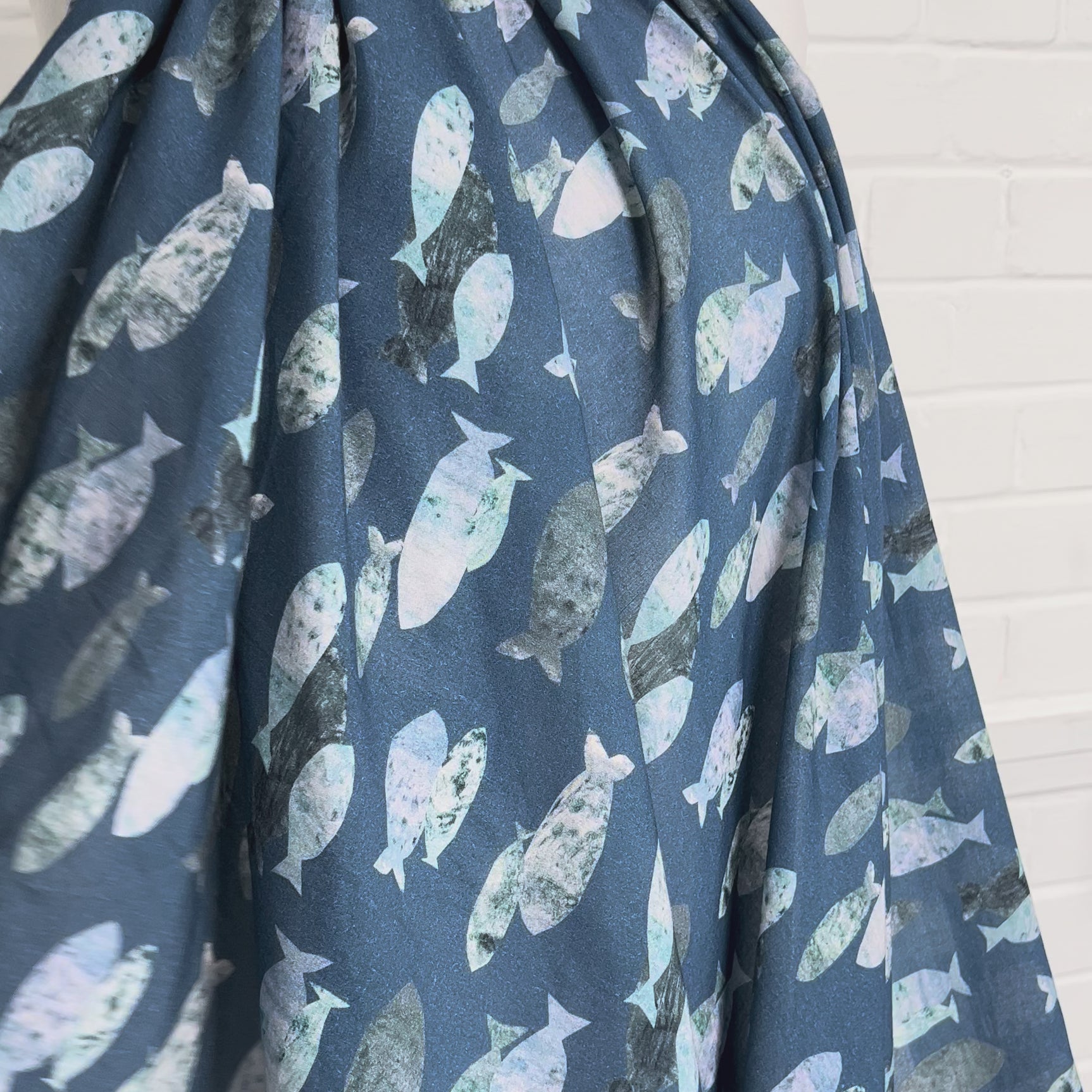 Ex-Designer Fish Print Cotton Dress Fabric Italian Voile Pisces Blue Video