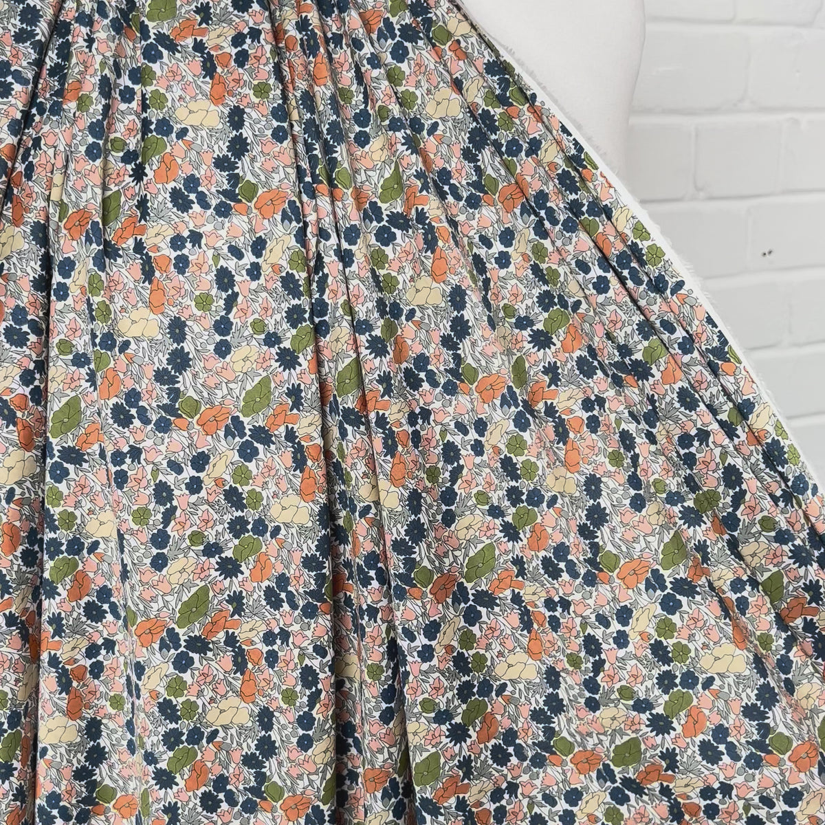 Pima Cotton Lawn Flower Parade Autumn-Orange Blue White Dress Fabric Video