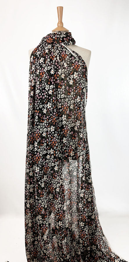 Printed Black Chiffon Polyester  Multicoloured Pink Orange Floral Dress
